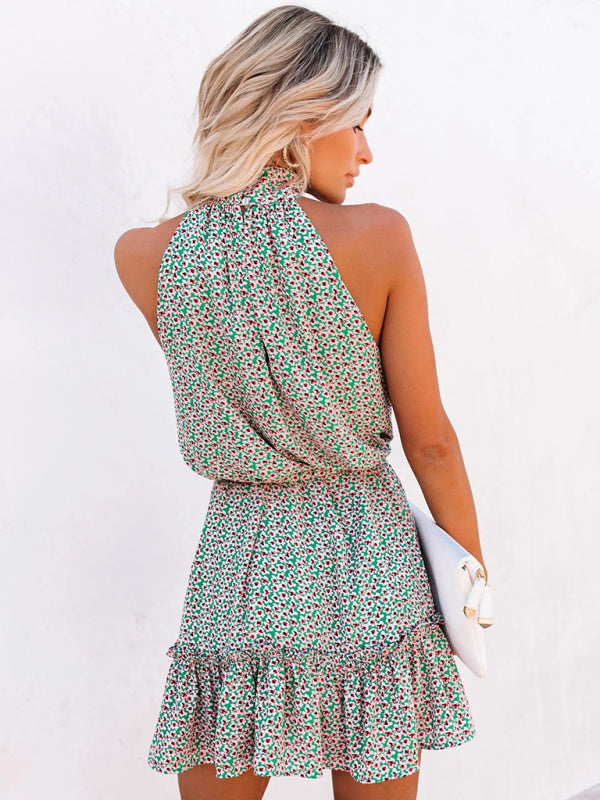 Blue Zone Planet |  style small floral print halter neck wood ear dress BLUE ZONE PLANET