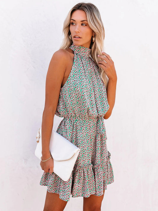 Blue Zone Planet |  style small floral print halter neck wood ear dress BLUE ZONE PLANET