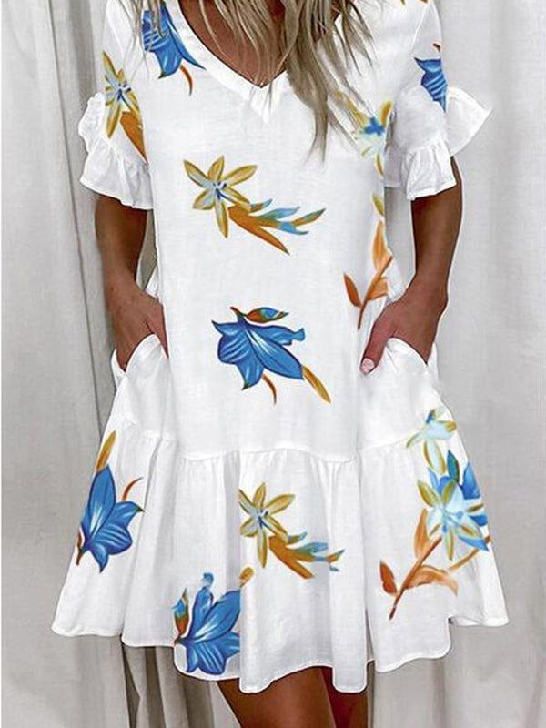 Blue Zone Planet | Loose Fashion V-neck Short Print Ruffle Pocket Dress BLUE ZONE PLANET