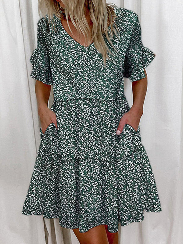 Blue Zone Planet | Loose Fashion V-neck Short Print Ruffle Pocket Dress BLUE ZONE PLANET