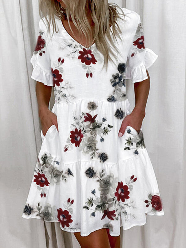 Blue Zone Planet | Loose Fashion V-neck Short Print Ruffle Pocket Dress BLUE ZONE PLANET