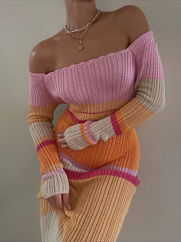 Blue Zone Planet | One-neck off-the-shoulder hollow beach long-sleeved knitted striped dress for women kakaclo