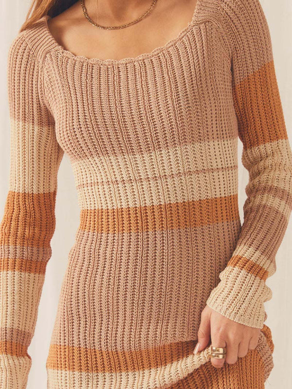 Blue Zone Planet | One-neck off-the-shoulder hollow beach long-sleeved knitted striped dress for women kakaclo