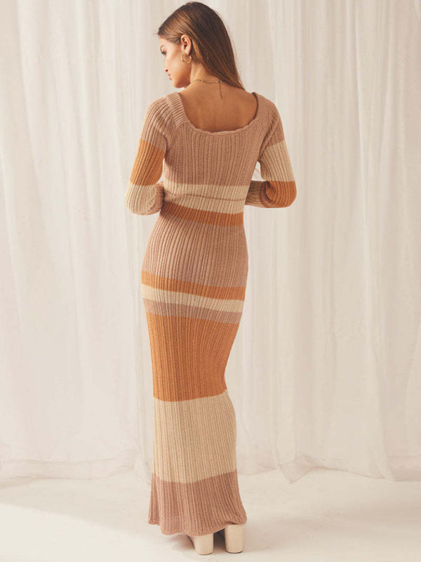Blue Zone Planet | One-neck off-the-shoulder hollow beach long-sleeved knitted striped dress for women kakaclo