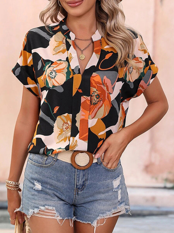 Women's Fashion Painted Printing V-neck Short Sleeve Top kakaclo