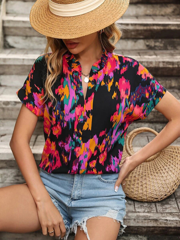 Women's Fashion Painted Printing V-neck Short Sleeve Top kakaclo