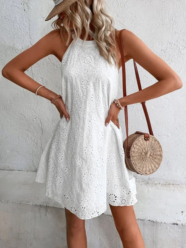 Blue Zone Planet | Solid Color Cotton Embroidered Fabric Sleeveless Dress kakaclo