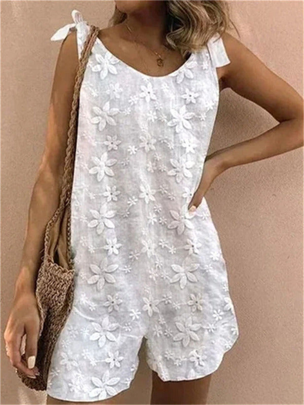 Embroidered Fabric Bow Strap Jumpsuit BLUE ZONE PLANET