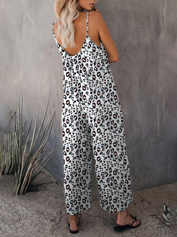 Women's Sleeveless Leopard Print Pocket Loose Suspender Jumpsuit BLUE ZONE PLANET