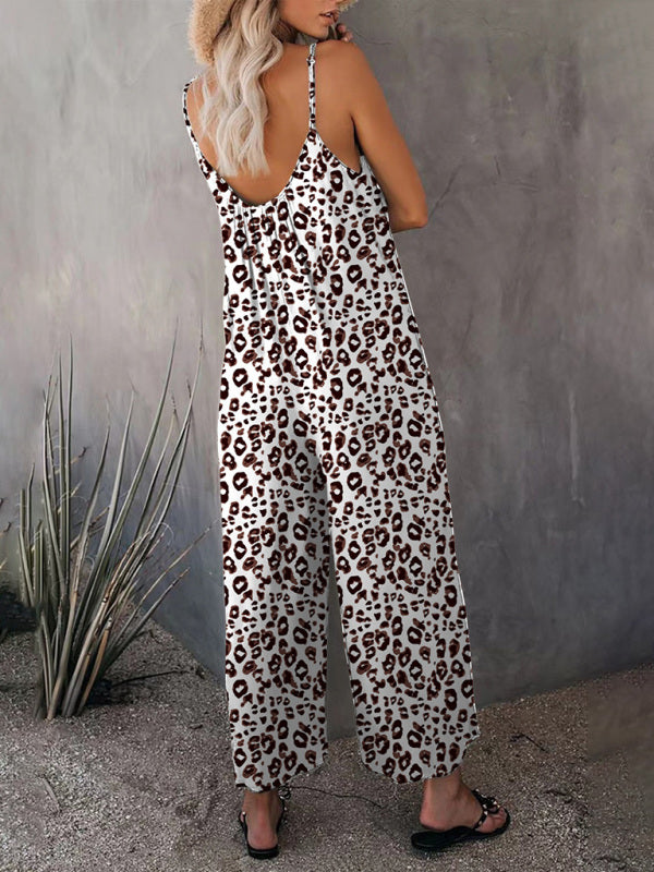 Women's Sleeveless Leopard Print Pocket Loose Suspender Jumpsuit BLUE ZONE PLANET
