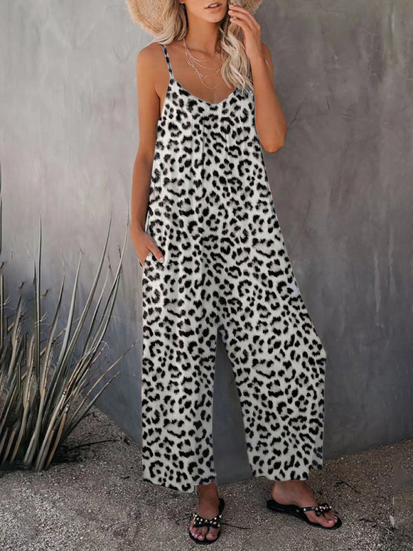 Women's Sleeveless Leopard Print Pocket Loose Suspender Jumpsuit BLUE ZONE PLANET