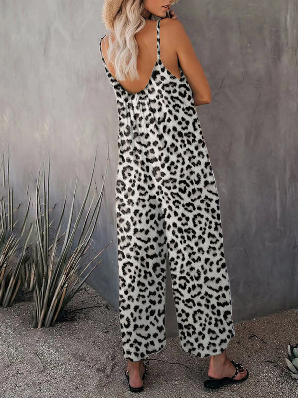 Women's Sleeveless Leopard Print Pocket Loose Suspender Jumpsuit BLUE ZONE PLANET