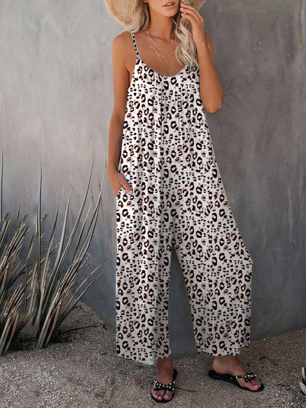 Women's Sleeveless Leopard Print Pocket Loose Suspender Jumpsuit BLUE ZONE PLANET
