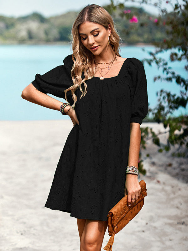 Blue Zone Planet | Square Neck Dress Femininity Elegant Hollow Jacquard Skirt BLUE ZONE PLANET