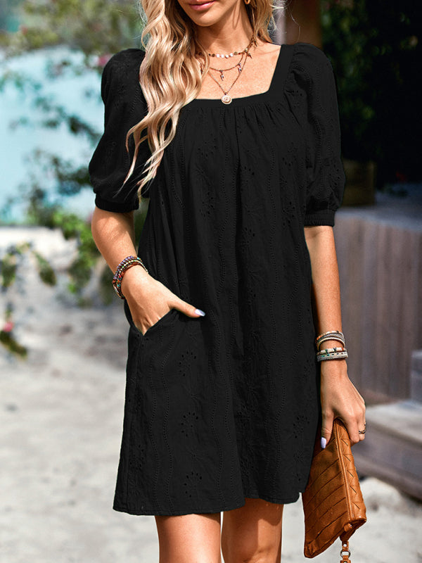 Blue Zone Planet | Square Neck Dress Femininity Elegant Hollow Jacquard Skirt BLUE ZONE PLANET