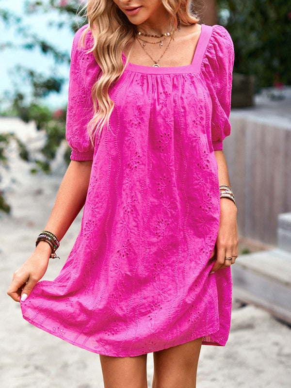 Blue Zone Planet | Square Neck Dress Femininity Elegant Hollow Jacquard Skirt BLUE ZONE PLANET
