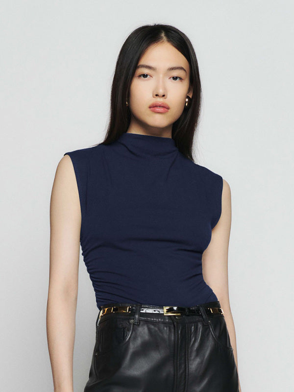 Blue Zone Planet | Half-high collar all-match vest short shirred polyester-cotton shirt BLUE ZONE PLANET