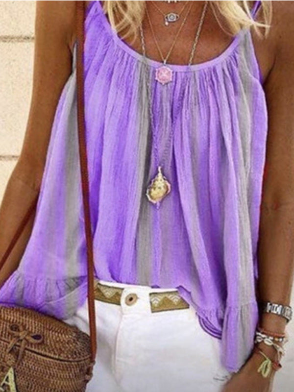 Loose Striped Print Ruched Camisole T-Shirt Top kakaclo