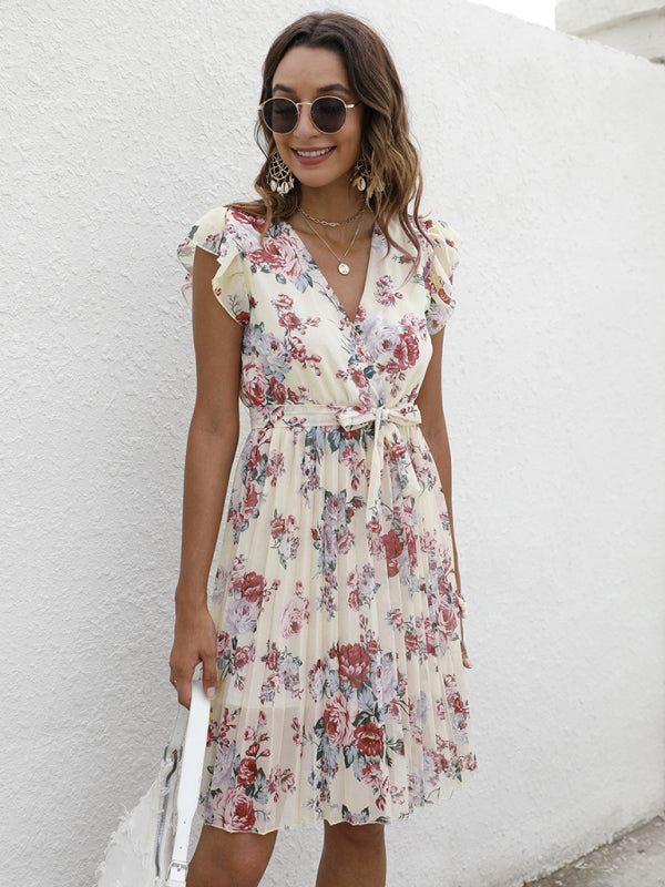 European station elegant V-neck waist tie floral print dress kakaclo