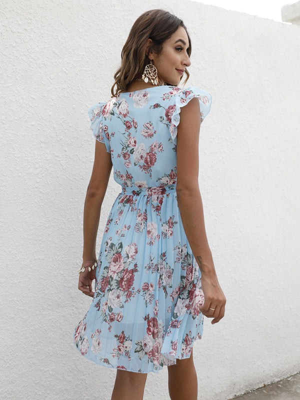 European station elegant V-neck waist tie floral print dress kakaclo