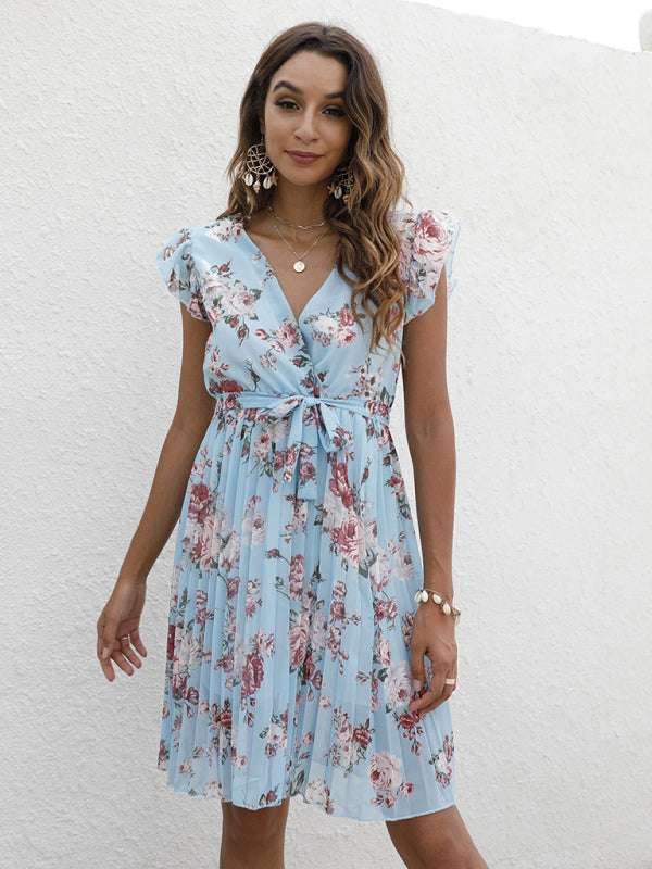 European station elegant V-neck waist tie floral print dress kakaclo
