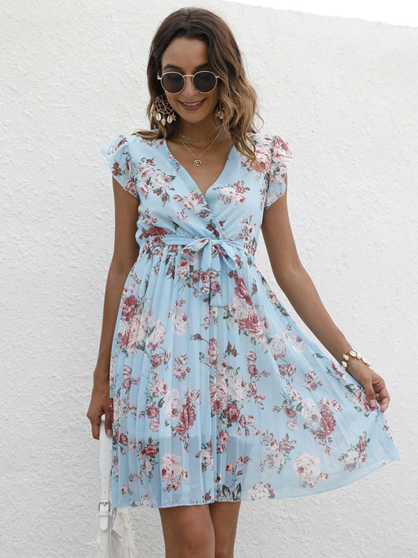 European station elegant V-neck waist tie floral print dress kakaclo