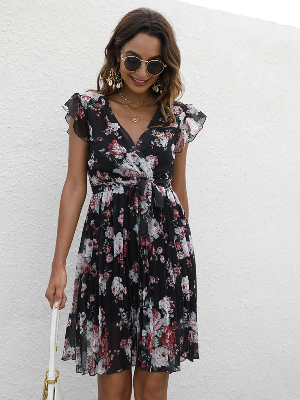 European station elegant V-neck waist tie floral print dress kakaclo