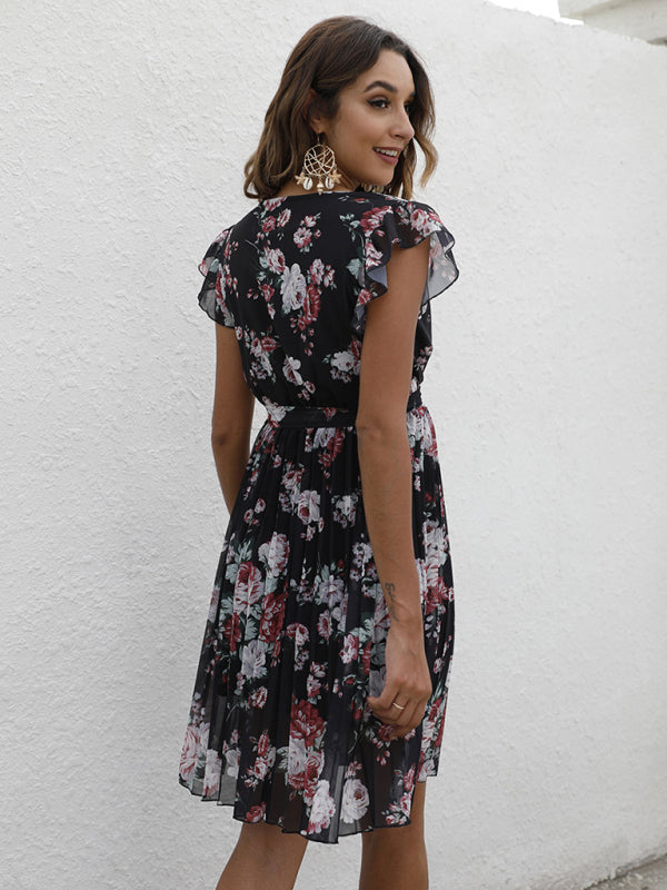 European station elegant V-neck waist tie floral print dress kakaclo
