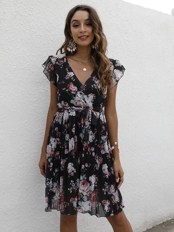 European station elegant V-neck waist tie floral print dress kakaclo