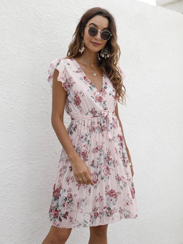 European station elegant V-neck waist tie floral print dress kakaclo