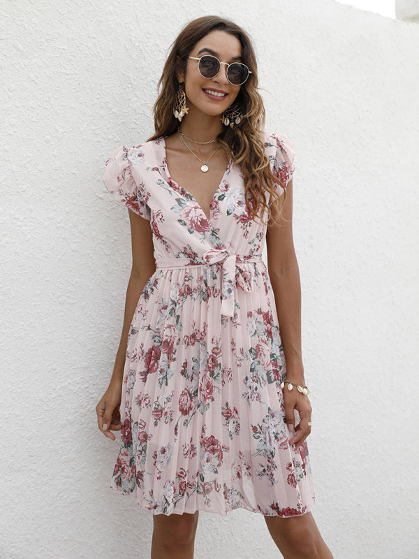 European station elegant V-neck waist tie floral print dress kakaclo