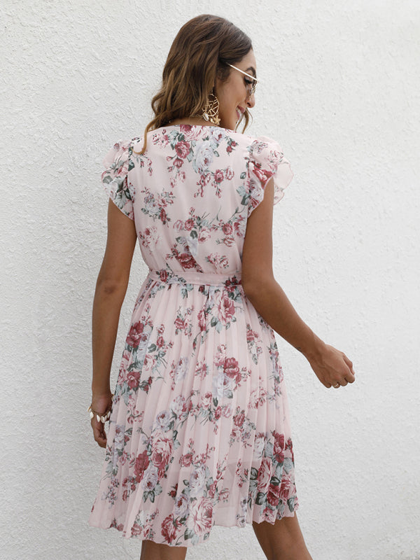 European station elegant V-neck waist tie floral print dress kakaclo