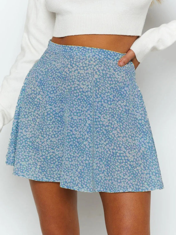 Floral skirt high waist umbrella skirt invisible zipper chiffon printed mini skirt BLUE ZONE PLANET