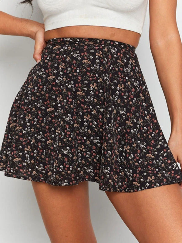 Floral skirt high waist umbrella skirt invisible zipper chiffon printed mini skirt BLUE ZONE PLANET