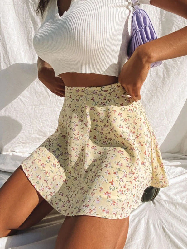 Floral skirt high waist umbrella skirt invisible zipper chiffon printed mini skirt BLUE ZONE PLANET