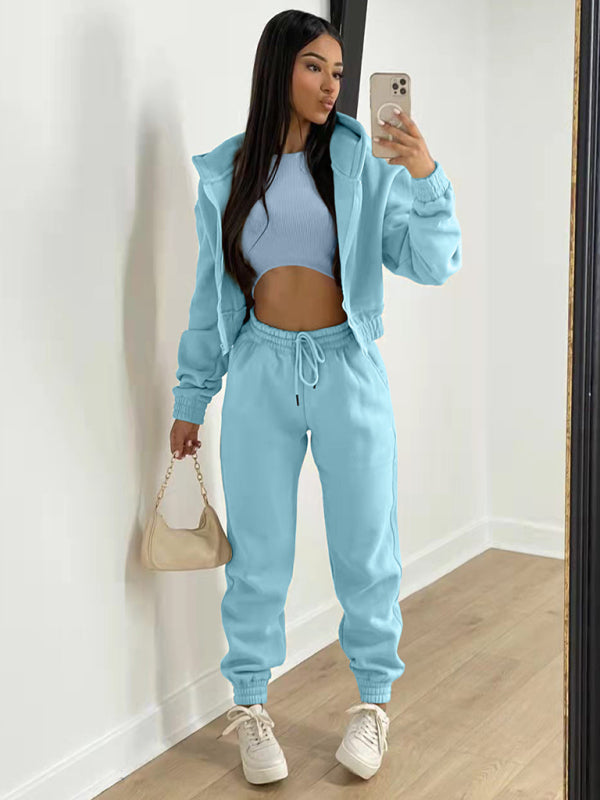 Blue Zone Planet | Zoe's Knitted Sports Fleece Hooded Three-Piece Suit BLUE ZONE PLANET
