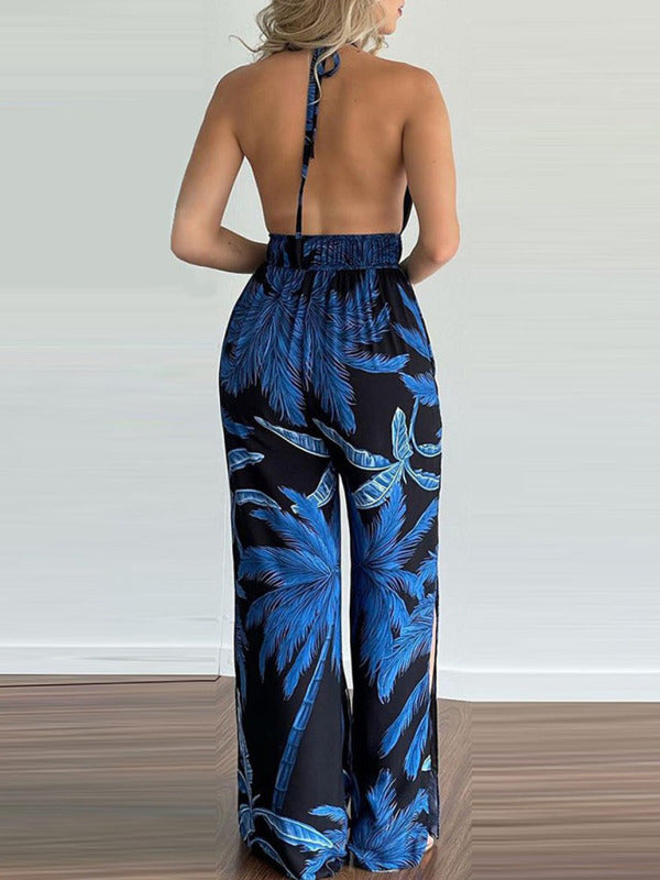 Irregular Printed Halter Neck Jumpsuit kakaclo