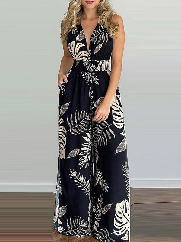 Irregular Printed Halter Neck Jumpsuit kakaclo