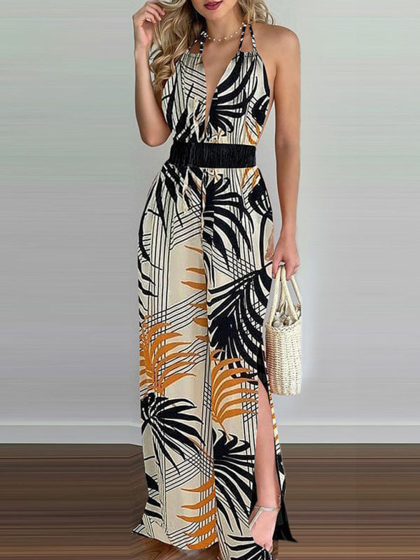 Irregular Printed Halter Neck Jumpsuit kakaclo