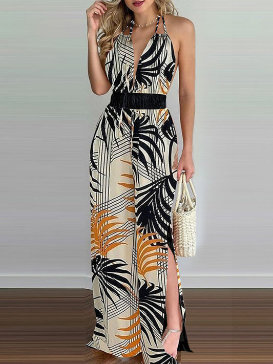 Irregular Printed Halter Neck Jumpsuit kakaclo