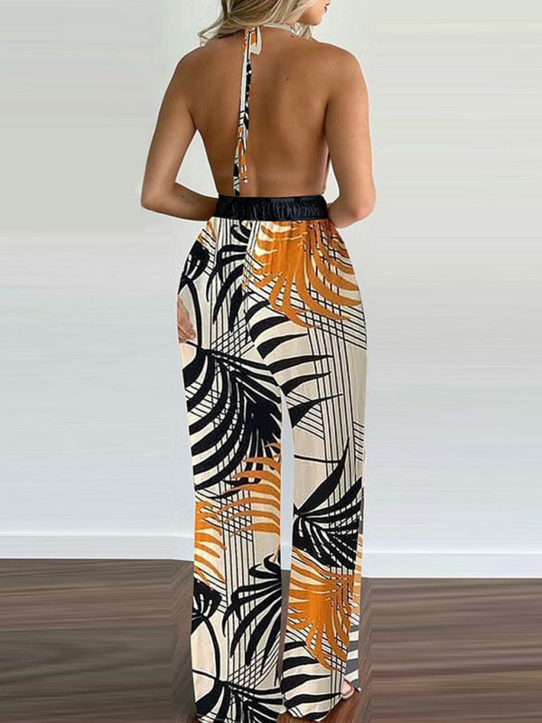 Irregular Printed Halter Neck Jumpsuit kakaclo