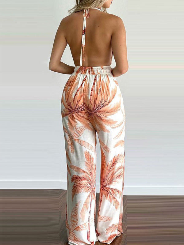 Irregular Printed Halter Neck Jumpsuit kakaclo