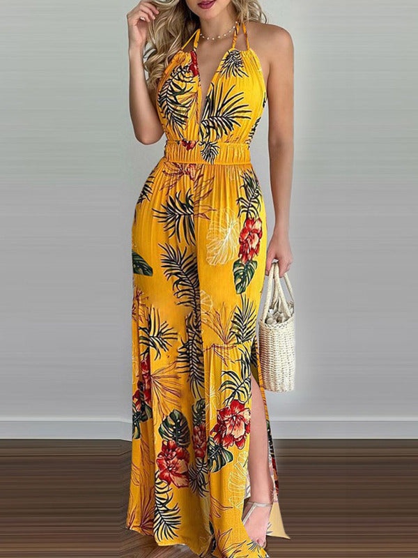 Irregular Printed Halter Neck Jumpsuit kakaclo