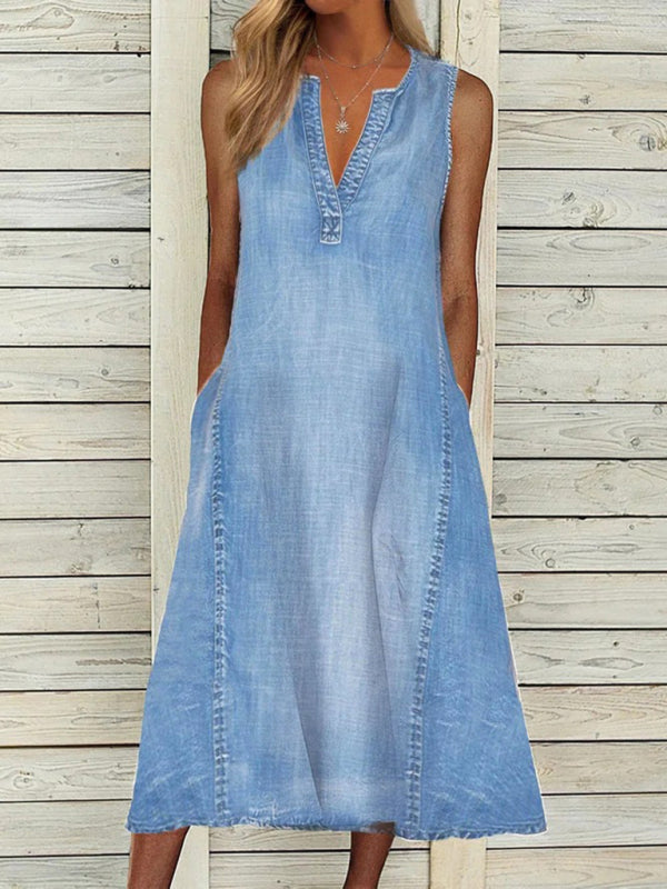 solid color sleeveless V-neck loose denim dress kakaclo