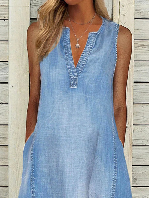 solid color sleeveless V-neck loose denim dress kakaclo