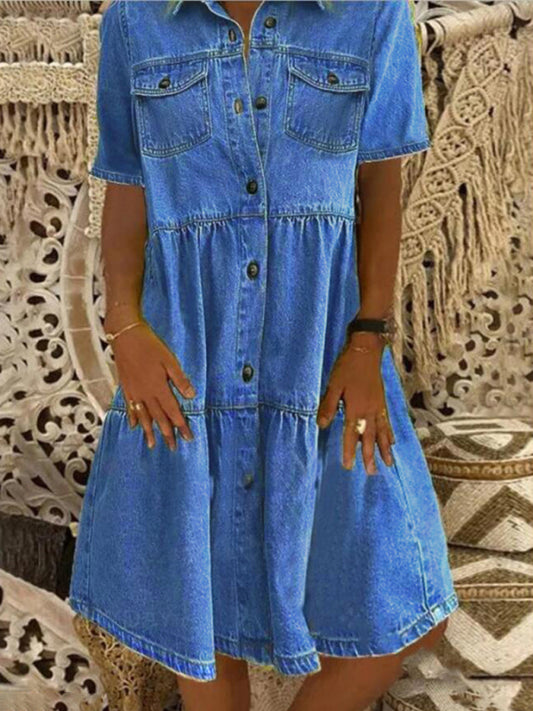 Ladies Lapel Short Sleeve Button Mid Length Dress kakaclo
