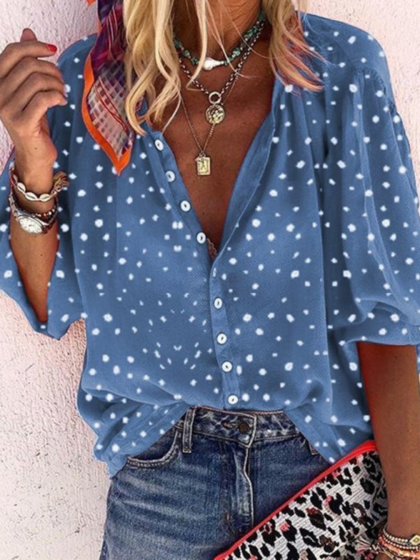 Polka Dot Snowflake Print Long Sleeve V Neck Button Ladies Shirt kakaclo