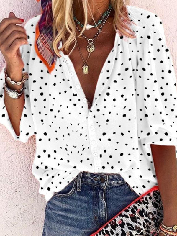 Polka Dot Snowflake Print Long Sleeve V Neck Button Ladies Shirt kakaclo