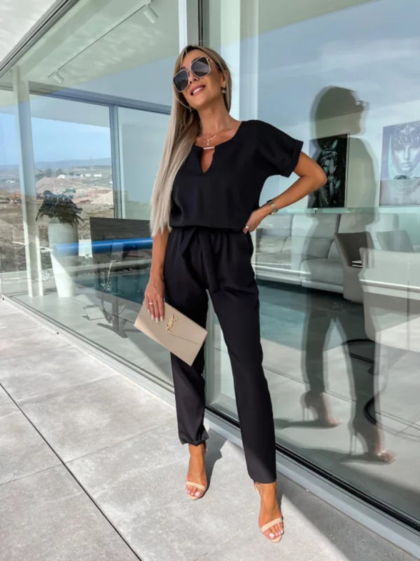 Blue Zone Planet | Short-sleeved V-neck slip pocket elastic waist tie-up pencil pants cropped jumpsuit BLUE ZONE PLANET