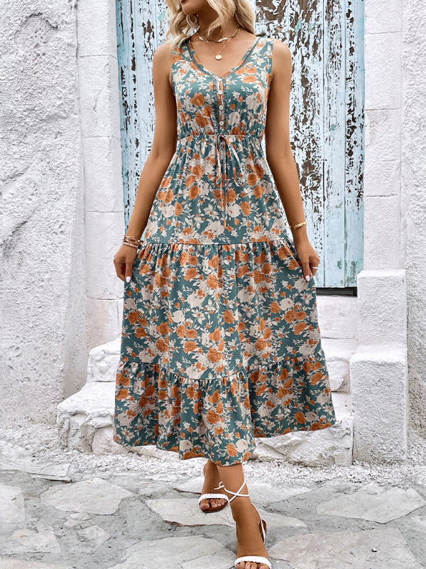 Blue Zone Planet |  Ladies Button Sleeveless Floral Print Dress BLUE ZONE PLANET